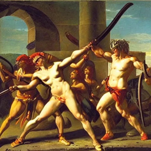 Prompt: muscular warrior women, amazonian warrior women, women fighting men, muscular men, spartan warrior men, clashing in bloody field, art by jacques - louis david