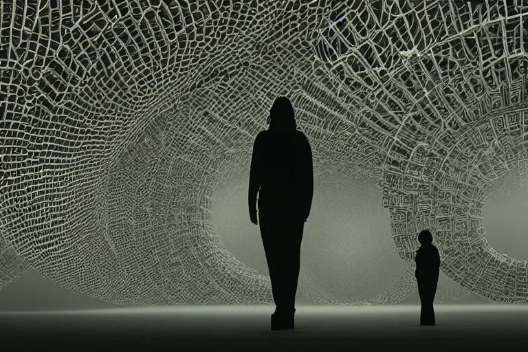 Image similar to tourists visiting a complex organic fractal 3 d ceramic humanoid megastructure, cinematic shot, foggy, photo still from movie by denis villeneuve