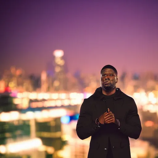 Image similar to a still of Kevin Hart. Shallow depth of field. City at night in background, lights, colors ,studio lighting, mood, 4K. Profession photography