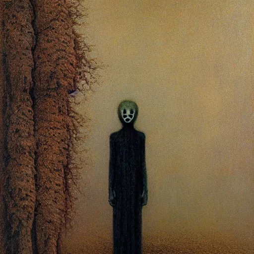 Image similar to slenderman, high detail, masterpiece, oil on canvas, art by beksinski