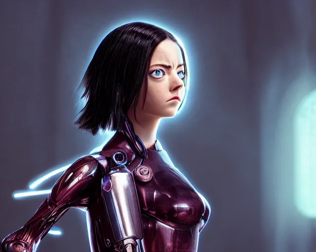 Image similar to a film still from battle angel alita played by actress emma stone, portrait, cinematic lighting, photorealistic, hyperrealistic, highly detailed, photorealistic, high resolution, 4 k