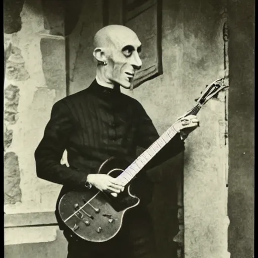 Prompt: vintage photograph of count orlok crouched outside his castle, playing the blues on guitar, 4 k