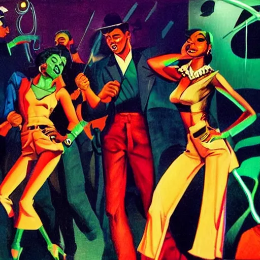 Prompt: young people in a fancy nightclub dancing and drinking, partylights, great colors, in the style of ernie barnes, trending on artstation