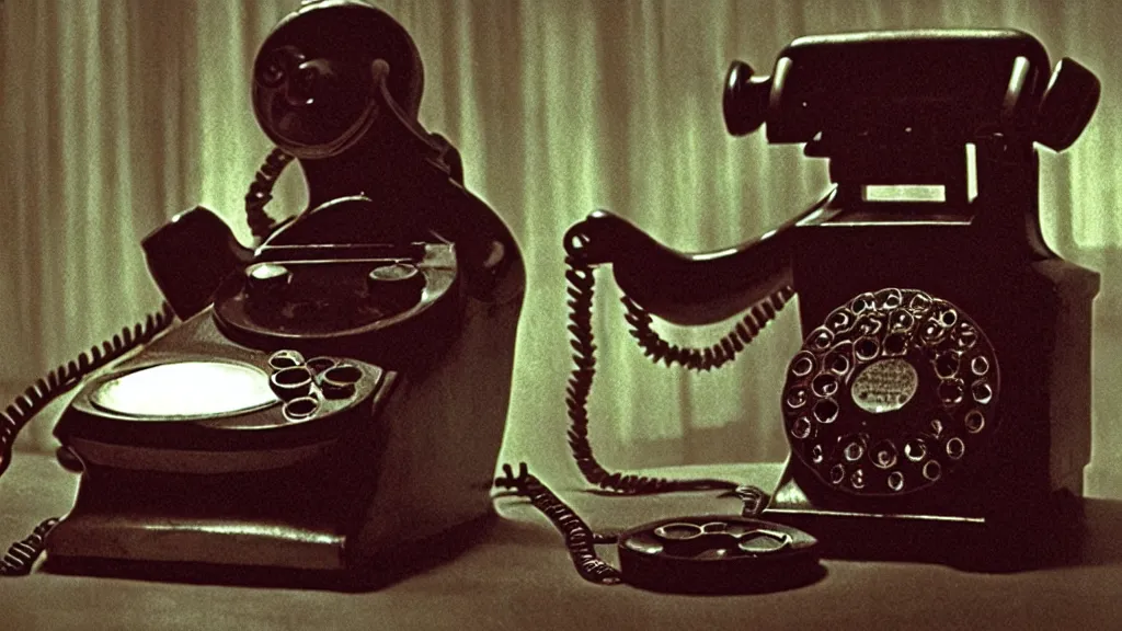 Prompt: the strange creature talks on the rotary phone, made of blood, film still from the movie directed by Denis Villeneuve with art direction by Salvador Dalí, wide lens