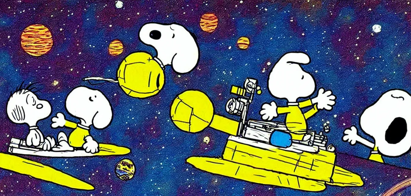 Image similar to calvin and snoopy in space exploring an alien planet, drawn by bill watterson and charles schulz, very detailed and cute and dreamy and playful and happy and cheerful