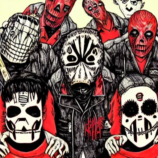 Prompt: slipknot band in the style of dorohedoro