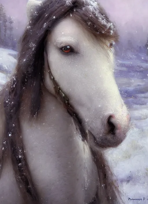 Image similar to portrait of a nordic girl with violet eyes in a snowy tundra, the girl with violet eyes has a horse. by Daniel F. Gerhartz, hyperrealistic oil painting, 4k, very detailed faces, studio lightning