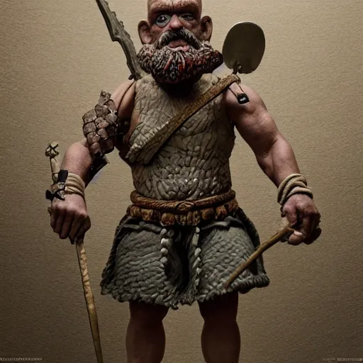 Image similar to 8 5 mm f 1. 8 photograph of a claymation sculpture warrior dwarf, highly detailed sculpey diorama, by erwin olaf, smooth, sharp foccus, commercial photography, fashion shoot