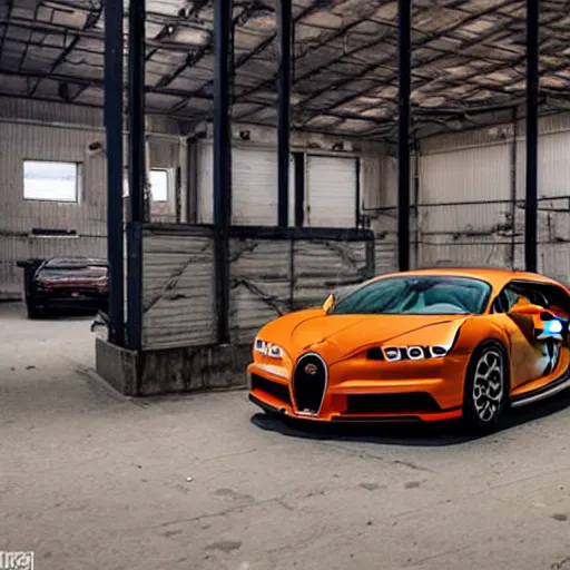 Image similar to an abandoned, derelict, ( really rusty ) bugatti chiron in a dirty warehouse