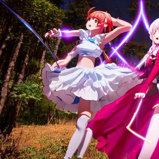 Image similar to a a battle of two real-life mahou shoujo girl using a magic attack, magic movie still frame