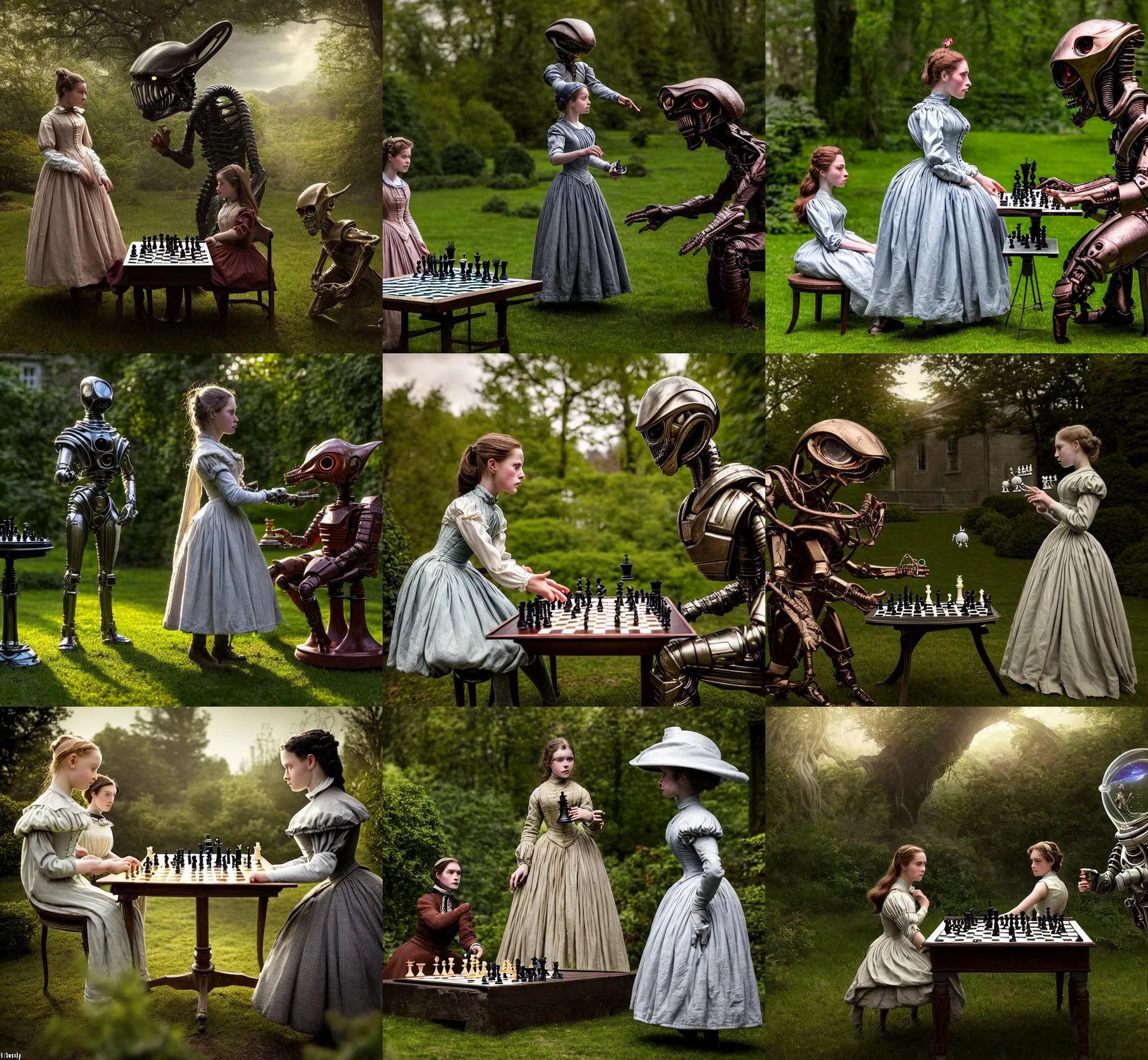 Prompt: sharp, highly detailed, film from a 2 0 1 9 sci fi 8 k movie, set in 1 8 6 0, a girl playing chess against a cute humanoid alien, in the garden on an alien planet, wearing 1 8 6 0 s clothes, atmospheric lighting, in focus, reflective eyes, 3 5 mm macro lens, live action, nice composition