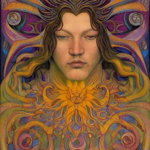 Image similar to the flower prince, by jean delville and donato giancola and nicholas roerich, and diego rivera, and leo and diane dillon, symbolist, tattoos, dramatic lighting, elaborate geometric ornament, art brut, god rays, soft cool colors, smooth, sharp focus, extremely detailed