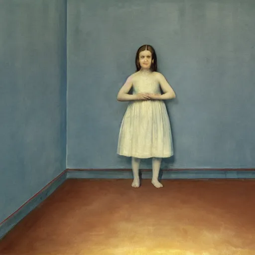 Image similar to close up of a girl in a blue and gold haunted liminal abandoned room, watercolor by gottfried helnwein, by hammershøi, art noveau, highly detailed, lights by edward hopper, liminal, eerie, bright pastel colors