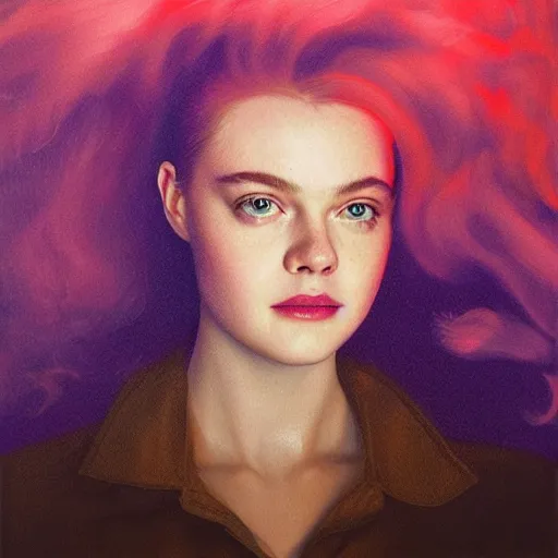 Image similar to Elle Fanning in the style of Paola Vetri, head and shoulders portrait, stormy weather, extremely detailed masterpiece, oil on canvas, low-key neon lighting, artstation, Blade Runner 2049, Roger Deakin’s cinematography, by J. C. Leyendecker and Peter Paul Rubens and Edward Hopper and Michael Sowa,