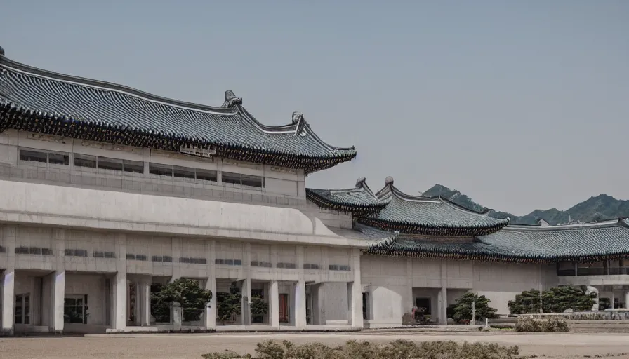 Prompt: 2020s movie still of empty north-korean royal restaurant palace, Leica SL2 50mm, high quality, higly detailed