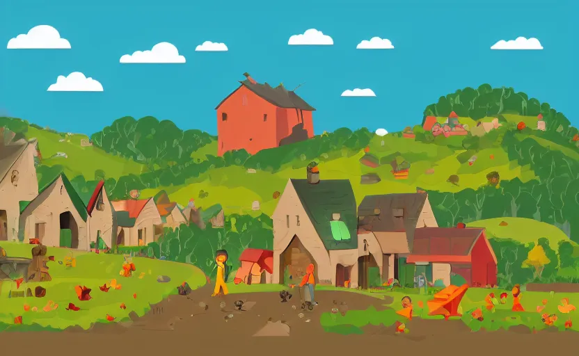 Image similar to some villagers busy farming in a small village in a valley, a dragon approaching from a distance, vector, storybook, complimentary colors, gouache, flat, sharp edges, concept art, print