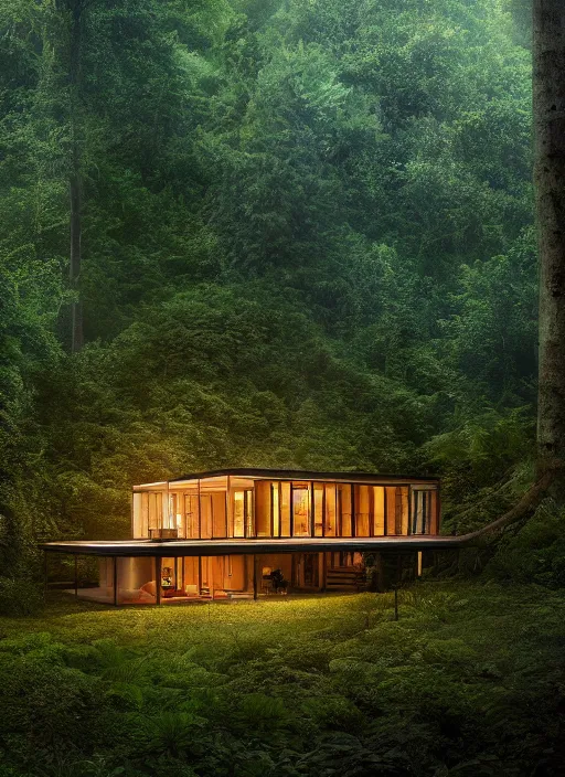 Prompt: an exquisite holiday home in the middle of a lush forest, visible through the lush overgrowth, architectural photography, dark and dim lighting, beautiful, tranquil, moody, cinematic, fantasy, 3 5 mm lens, volumetric lighting, first person view, photographic render, hyper realistic