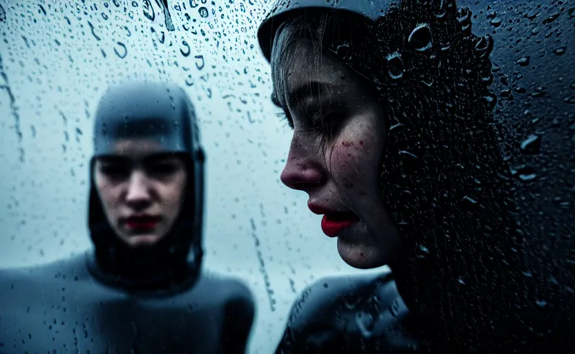 Image similar to cinestill 5 0 d candid photographic portrait by christopher nolan of two loving female androids sobbing wearing rugged black mesh techwear in treacherous waters, extreme closeup, modern cyberpunk moody emotional cinematic, pouring rain menacing lights shadows, 8 k, hd, high resolution, 3 5 mm, f / 3 2, ultra realistic faces, ex machina