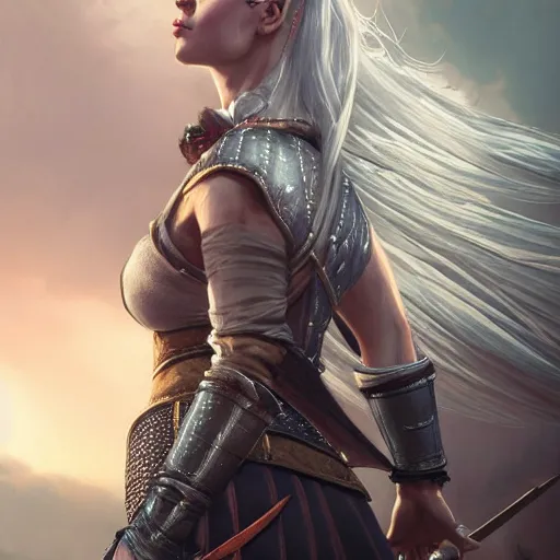 Image similar to witcher princess, posing heroically, heavenly, full body close-up shot, elegant, realistic character concept, high fantasy, light atmosphere, golden ratio, cinematic lighting, hyperdetailed, high resolution, insanely detailed and intricate, artstation, Marc Simonetti, Greg Rutkowski, octane render, 8k