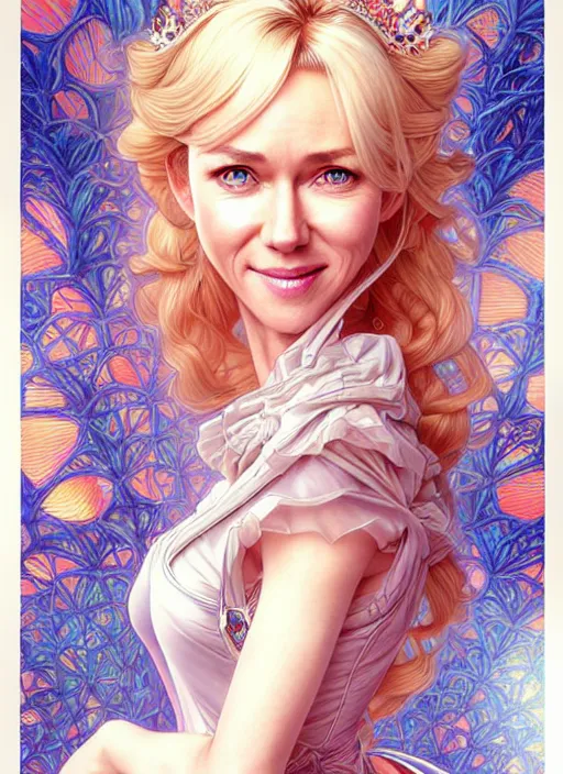Prompt: princess naomi watts, beautiful shadowing, 3 d shadowing, reflective surfaces, illustrated completely, 8 k beautifully detailed pencil illustration, extremely hyper - detailed pencil illustration, intricate, epic composition, very very kawaii, masterpiece, bold complimentary colors. stunning masterfully illustrated by artgerm, range murata, alphonse mucha.