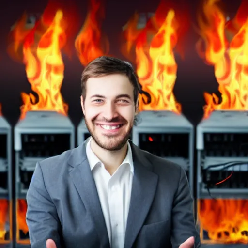 Prompt: a smiling system administrator doing a thumb up to the camera in front of burning servers in flames in the background