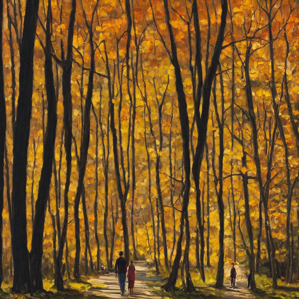 Prompt: modern american realist oil painting of couple walking together in the late afternoon golden hour light in the dense forest of gatineau park in october