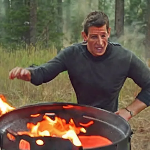 Prompt: film still of bear grylls in a bear costume cooking a grill