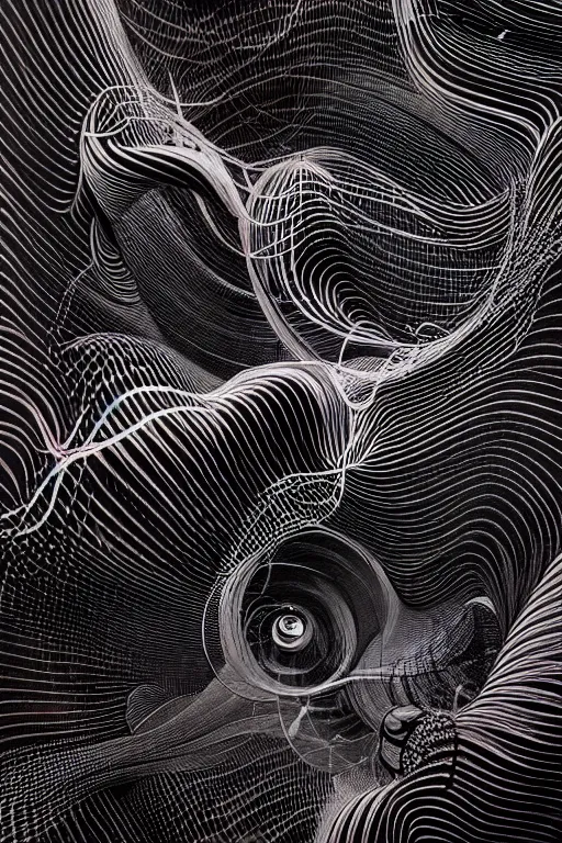 Prompt: Freeform ferrofluids, beautiful dark chaos, swirling black frequency by James Jean
