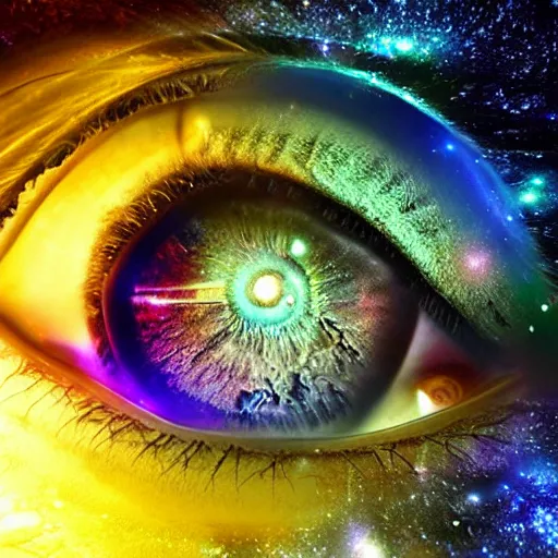 Image similar to galaxy and nebula and space inside of hyper realistic human eye, highly detailed, beautiful, intricate, colour, 4 k hd octane render,