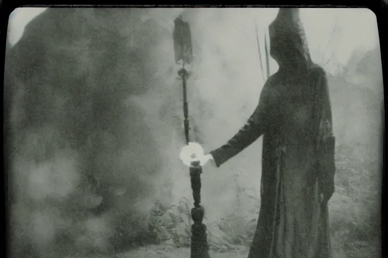 Image similar to old polaroid of a mage casting a spell, wide angle, full body
