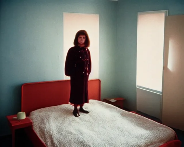 Image similar to a woman standing in a bedroom next to a bed, a colorized photo by Wes Anderson and Wilhelm Sasnal, tumblr, precisionism, 1970s, matte photo, provia , movie still