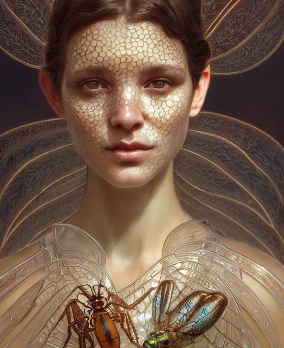 Image similar to intricate ornate opulent transparent clear see - through portrait of a terrifying beautiful alien insect, mottled coloring, adorable, childlike, pastoral environment, ultra realistic, concept art, art nouveau, photorealistic, octane render, 8 k, unreal engine. art by christopher marley and artgerm and greg rutkowski and alphonse mucha