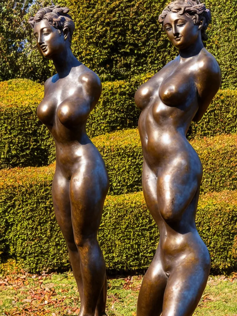 Image similar to detailed photo of old bronze patina statue of seductive curvy girl, super highly detailed, full body view, various poses, au blurry distant background with garden of ancient castel, photorealism, intricate detail, museum diffuse lighting, autumn sunlights