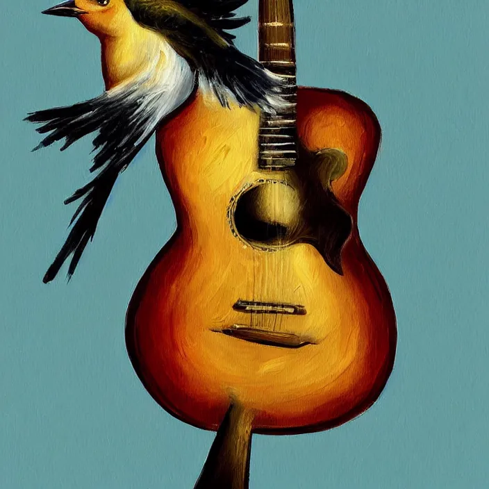 Prompt: a painting of a bird with a guitar, a digital painting by clara miller burd, featured on pixiv, rococo, speedpainting, digital painting, concept art