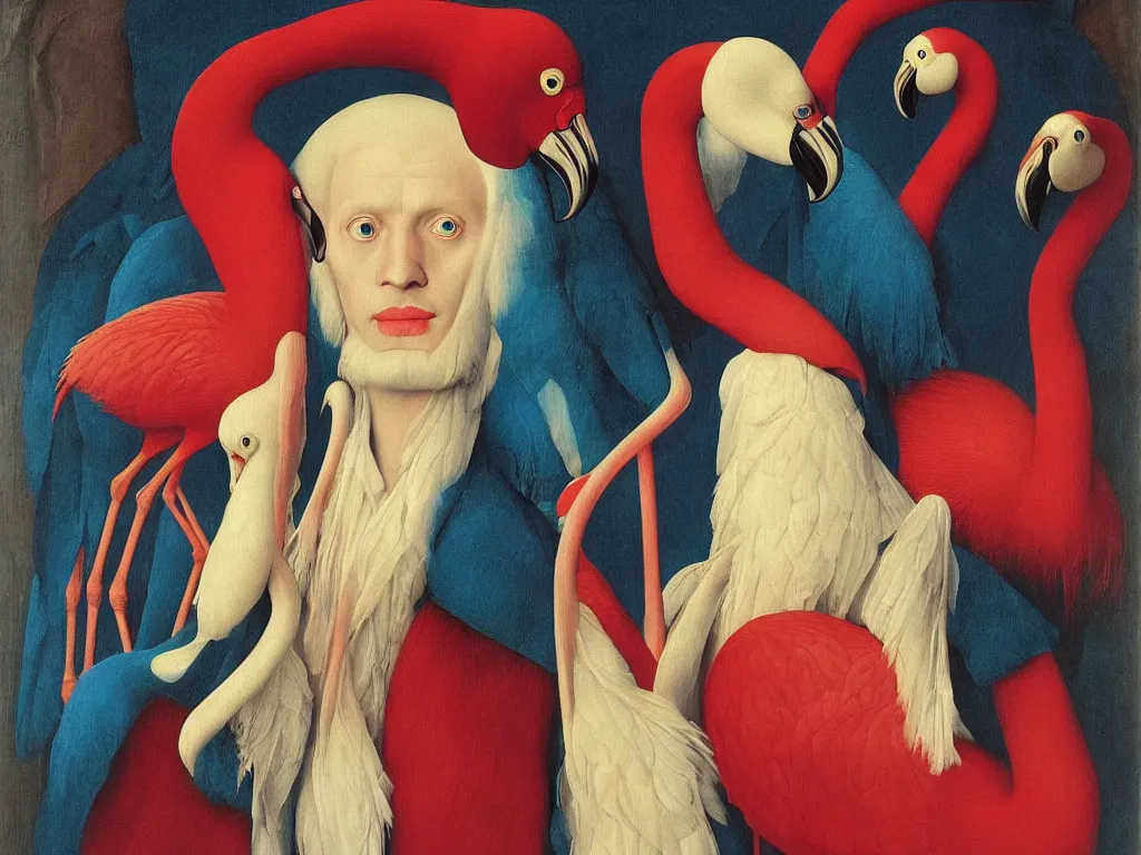 Image similar to Portrait of albino mystic with blue eyes, with exotic beautiful flamingo. Painting by Jan van Eyck, Audubon, Rene Magritte, Agnes Pelton, Max Ernst, Walton Ford