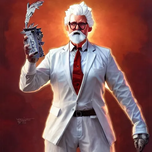 Prompt: a full body portrait of colonel sanders the greek god!! fighting in hell against a starving hillbilly!!! extremely beautiful, anatomically accurate, by artgerm and by greg rutkowski and by alphonse mucha and by simon bisley, radiant light, detailed and intricate environment,