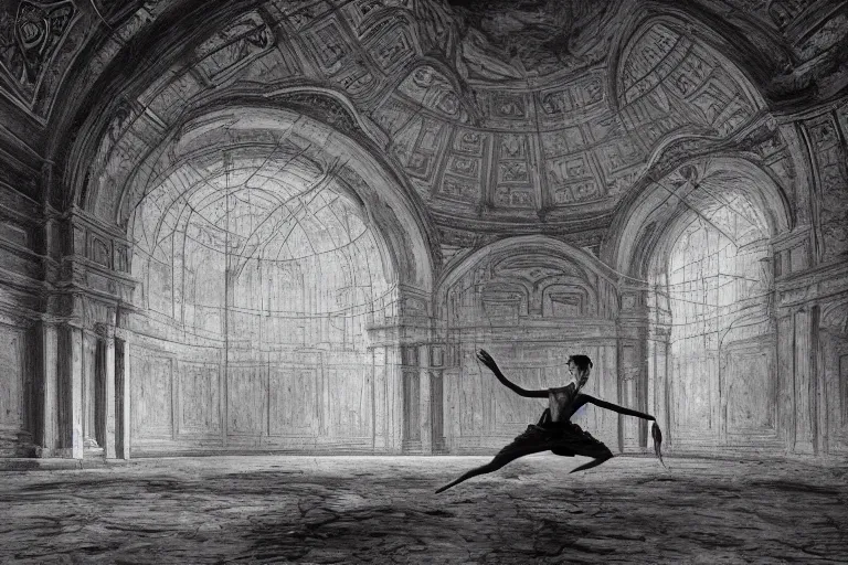 Prompt: a highly detailed beautiful painting of a domed abandoned ballroom, rot decay and vines, in center an elegant male dancer on flamingo legs, by salvador dali and zdzisław beksinski, artstation, dramatic lighting