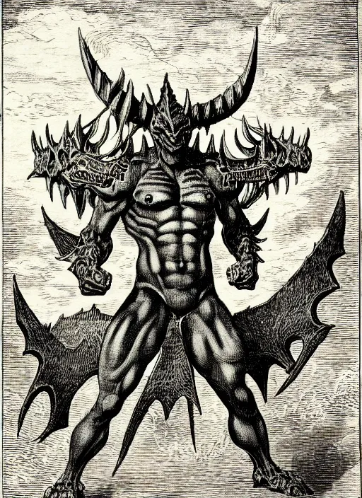 Prompt: illustration of greymon as a demon from the dictionarre infernal, etching by louis le breton, 1 8 6 9, 1 2 0 0 dpi scan, ultrasharp detail, clean scan