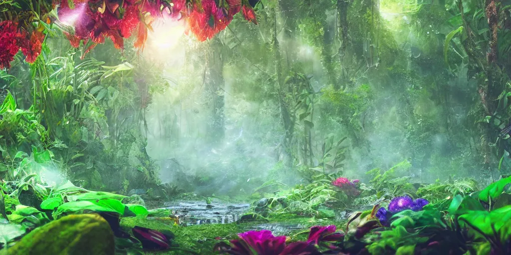 Prompt: An alien jungle, colorful flowers, glowing stone, reflection, rain, morning light, photorealistic, realistic, depth of field, high definition, soft light, high definition, detailed, 8k, artstation