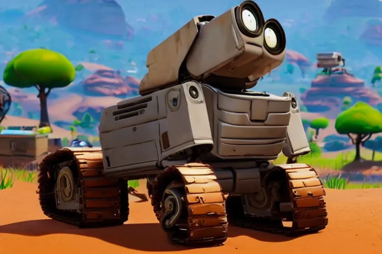 Prompt: wall - e in fortnite, heavy detailed, ultra high definition quality, fortnite game engine graphics