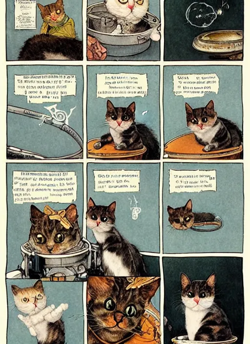 Image similar to a hyper realistic ink cat in a spaaceship 6 panel comic by chiara bautista and norman rockwell and greg rutkowski weta studio, and lucasfilm