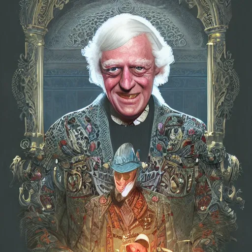 Image similar to Jimmy Saville being knighted by the Queen of England, detailed intricate ink illustration, happy atmosphere, detailed illustration, hd, 4k, digital art, overdetailed art, by greg rutkowski, by loish, complementing colors, Trending on artstation, movie poster style