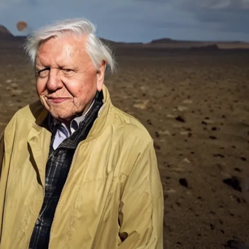 Prompt: david attenborough walking on the surface of the sun