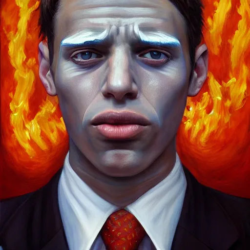 Image similar to a hyper realistic painting of a patient young man in a burning business suit, coherent symmetrical eyes, calm face, by jeffrey smith, by andrea kowch, by steve henderson, masterpiece, trending on artstation,