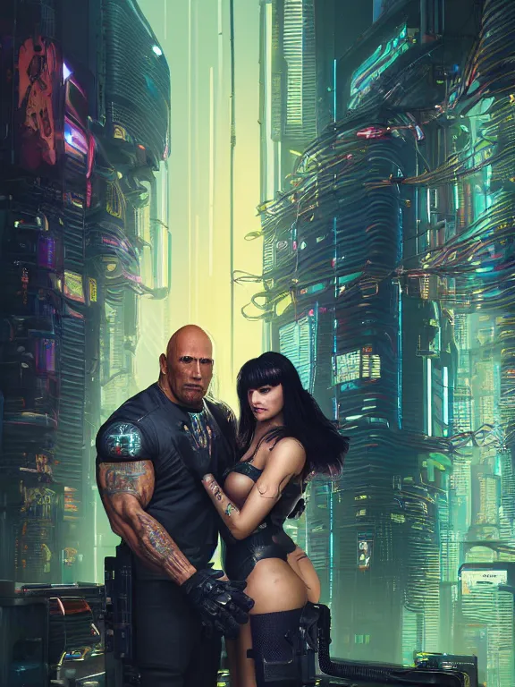 Image similar to a cyberpunk 2077 couple portrait of Dwayne Johnson holding a female android,complex mess of cables and wires behind them connected to giant computer,film lighting,by laurie greasley,Lawrence Alma-Tadema,William Morris,Dan Mumford, trending on atrstation,full of color,face enhance,sharp focus, highly detailed,8K, octane,golden ratio,cinematic lighting