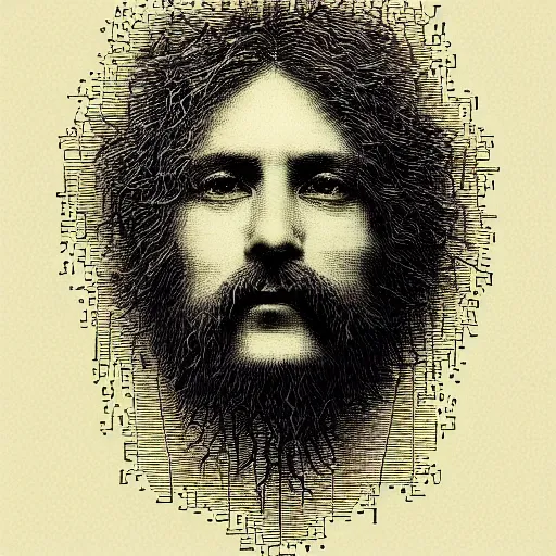 Image similar to A realistic portrait of the face that everyone in the world finds familiar by Gustave Dore in ASCII art style