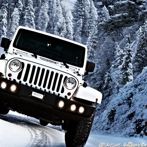 Image similar to white jeep wrangler driving up a steep snowy mountain cornice, high quality digital art, dramatic lighting, cinematic, photo realism