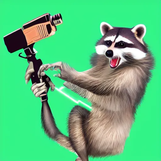 Image similar to racoon holding a laser gun, digital art , centred award winning 4K