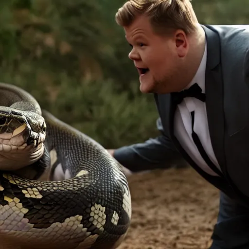 Image similar to james corden as a snake who is annoying to everyone in his surroundings, photo, cinematic, 8 k