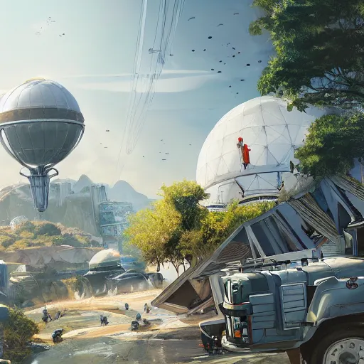 Image similar to clean white dome in a pleasant urban setting surrounded by families, in style of apex legends, art station, ultra hd, soft light, overhead sun, ultra hd, art station